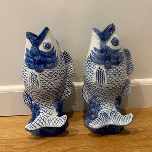Ceramic Koi Fish Vase Decorative Blue & White Asian Fish Pair (2)